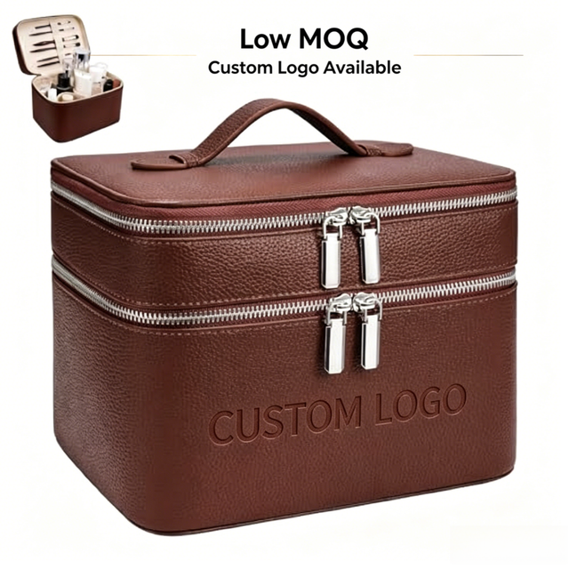 Custom Logo PU Leather Double Layer Makeup Bag Zipper Removable Divider Large Capacity Cosmetic Organizer Travel Vanity Case
