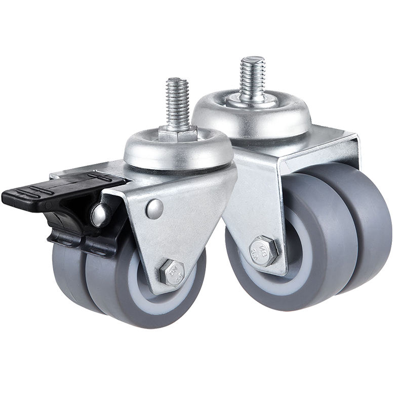 2 3 Inch Threaded Stem Twin Wheel Caster with Brake Dual Thermoplastic Rubber TPR Wheel for Industrial Trolleys