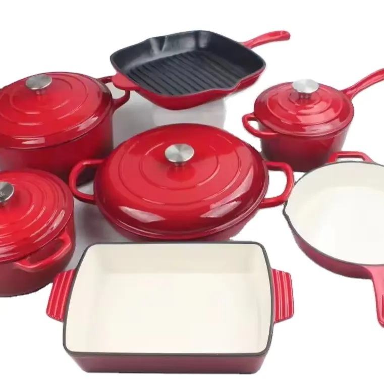 7ピースセットキッチンエナメルダッチオーブン鋳鉄調理器具キャセロール調理スープ & ストックポットとフライパンセット