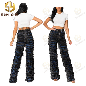 2025 pantaloni in Denim strappati a vita alta da donna pantaloni in Denim a righe a vita alta da donna pantaloni leggeri Patchwork Slim - Product Image 1