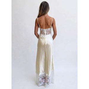 שמלת סאטן מפוארת עם גימור תחרה, צווארון וי חלק, גב פתוח, אורך עד הרצפה, עם שירות יצרן מקורי (OEM) למסיבות ערב ולבוש לילה - Product Image 2