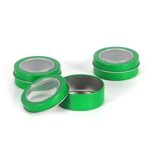 Green Round Pocket Food Grade Small Tin Box com janela clara de PVC na tampa Pequena Vela Candy Gift Tin Can Atacado