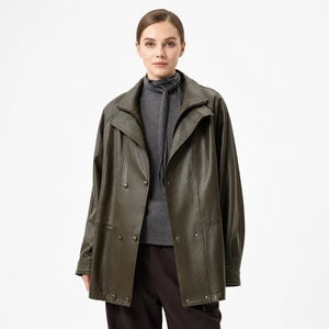 <span class=keywords><strong>Manteau</strong></span> mi-long en peau d'agneau semi-cirée <span class=keywords><strong>vert</strong></span> olive pour <span class=keywords><strong>femme</strong></span>, col à volants, ceinture ajustable, coupe-vent décontracté d'hiver avec fermeture éclair - Product Image 2