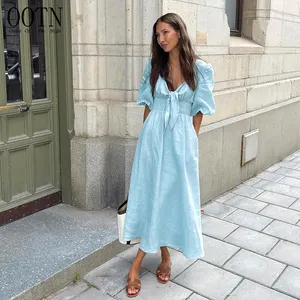 OOTN – robe en lin et coton pour femmes, tenue décontractée, style Boho, col en v torsadé, manches bouffantes, bleu clair, été 2023
