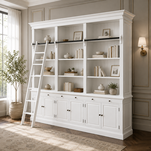 Estantería de Madera Blanca Estilo Rústico con Escalera y Armarios de Almacenamiento, Independiente para Muebles de Sala de Estar - Product Image 1