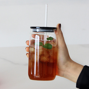 16oz Clear Borosilicate Glass Drinkware <strong>Mason</strong> <strong>Jar</strong> Beer Can Shaped with Colored Lid and Straw - Product Image 3