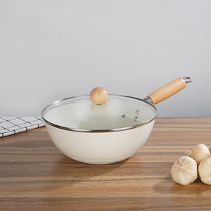 Cerámica blanca martillada a mano estilo chino antiadherente <span class=keywords><strong>Wok</strong></span> mango de madera tapa de vidrio sartén de hierro para estufa de Gas utensilios de cocina - Product Image 5