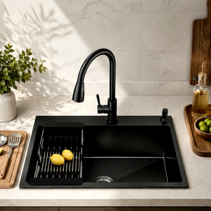 DAYSTAR TRADE Nano Black <b>Brushed</b> Handmade Rectangular Double Undermount 304 Stainless Steel Kitchen Sink Drainboard Modern - Product Image 1