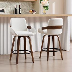 Modern 360 Degree <strong>Swivel</strong> <strong>Bar</strong> <strong>Stool</strong> with Beige Upholstery and Wood Frame for Home Kitchen Commercial Use Mid Century Design - Product Image 4
