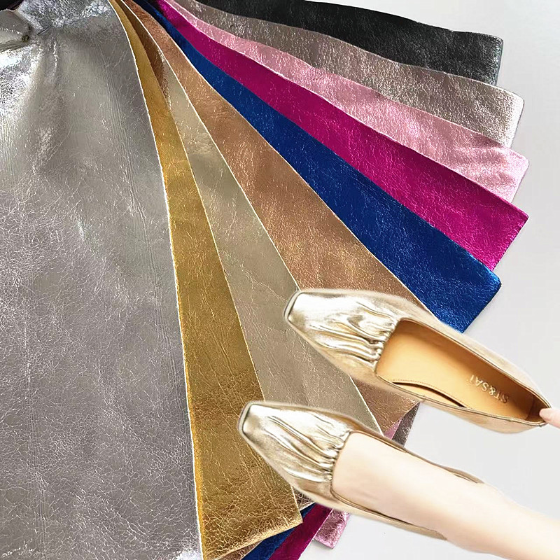 Metallic Foiled Pu Synthetic Leather Fabric Crumpled Texture Metal Filmed Imitation Leather Material For Shoes Bags