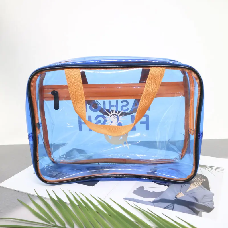 Promozione accessori da viaggio in PVC puro borsa da toilette cosmetica blu borsa per il trucco a colori con manico personalizzato