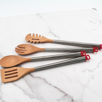 Set Peralatan Dapur Kayu Beech Alami Desain Khusus 4 Buah dengan Gagang Logam Set Dapur Kayu
