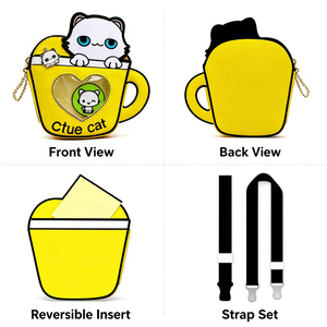 Sac bandoulière en cuir PU avec chaîne, design chat 3D mignon, forme tasse personnalisée, pour fans d'anime - Product Image 1