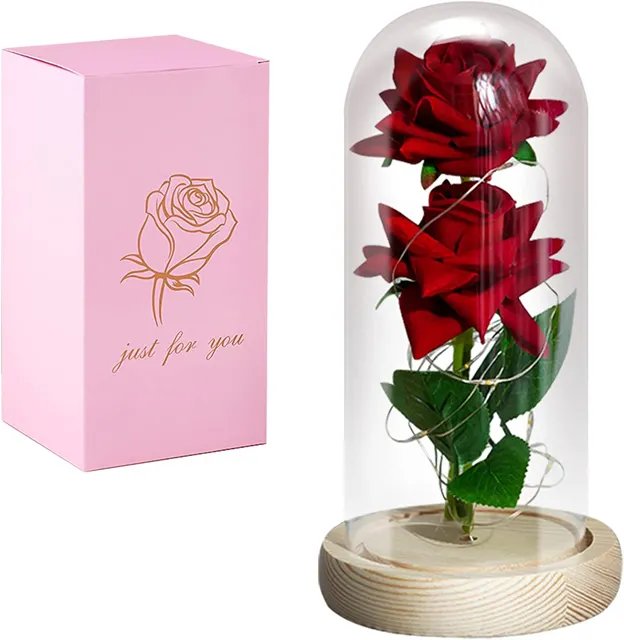 Rose en or 24K, galaxie, rose en dôme de verre, base en bois, Rose en dôme de verre, pour cadeau de saint-valentin et de noël