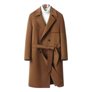 Men's Brown Woolen Double Breasted Long <b>Overcoat</b> With Belt Turn-down Collar Solid Color Autumn Winter Outerwear - Product Image 1