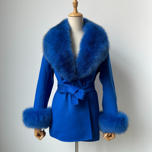 Elegante abrigo rojo de Cachemira con cuello de piel de zorro puños mujeres Otoño Invierno moda trajes abrigo de lana de Cachemira con ropa de piel Real - Product Image 5