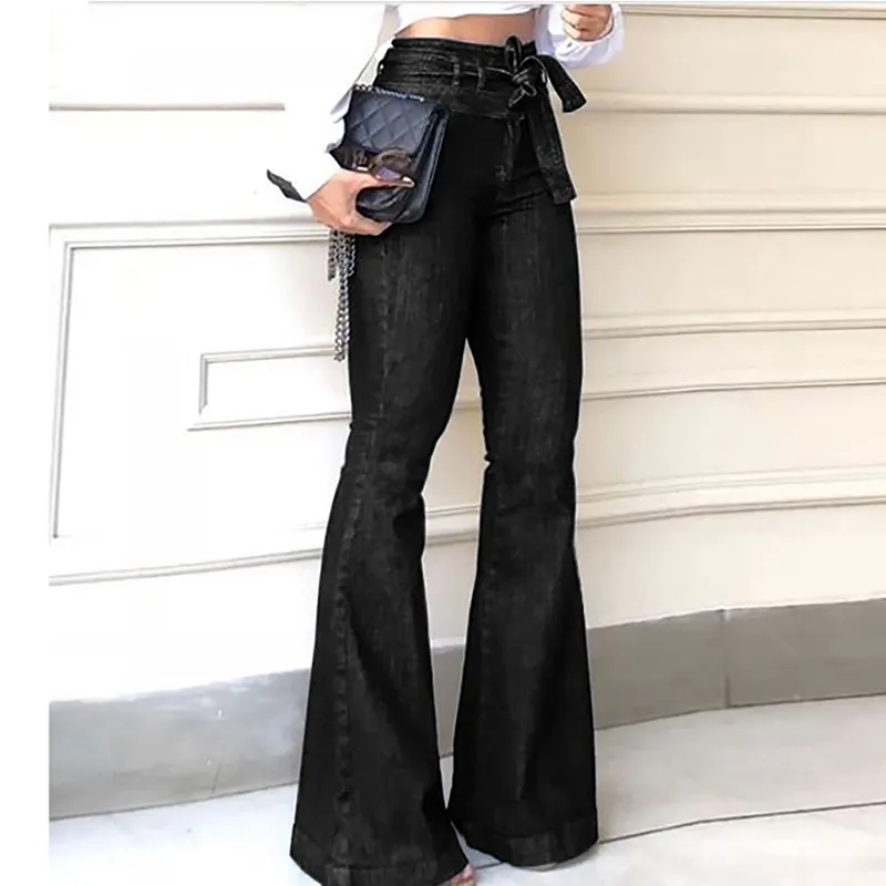 Mujeres, negro Denim cintura alta Bell Bottom Jean pantalones casuales pantalones de longitud completa bolsillo frontal con botón y cierre cóctel Pantalones