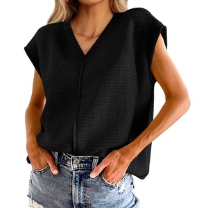 เสื้อกั๊กไหมพรมคอวีแขนกุดทรงหลวม น้ำหนักเบา สไตล์ลำลองสำหรับผู้หญิง แฟชั่นฤดูร้อน - Product Image 4