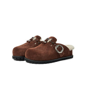 Mules en peluche personnalisées antidérapantes, chaussures plates et chaudes pour l'hiver, semelles épaisses, clous en cristal, daim, cuir vintage pour femmes, sabots en fourrure - Product Image 6