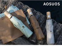 Parapluie de voyage portable à ouverture automatique, manche en bois, protection solaire UPF50+, revêtement coloré, coupe-vent, 8 baleines en fibre de verre, pliable en trois sections