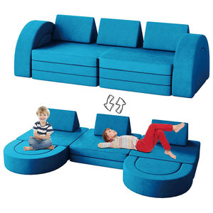 Canapé modulaire pour enfants 12 pièces en tissu bleu avec mousse haute élasticité, mobilier de salle de jeux pour enfants de 3 ans et plus - Product Image 1
