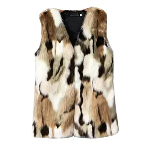 Imitação Fox Costura Contraste Cor Inverno Comprimento Médio Faux Fur Quente Vest Coat das Mulheres