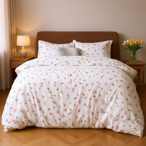 Pink Tulip Cotton <b>Bedding</b> <b>Set</b> Floral Garden Print Bed Linen Soft Breathable Duvet Cover <b>Set</b> - Product Image 1