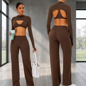 Ensemble de yoga marron uni pour femme, pantalon taille haute longueur cheville, haut court à col roulé, design découpé, anti-transpiration, ensemble 2 pièces - Product Image 2