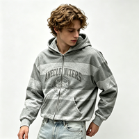 Hoodie Zip Up Heavyweight Vintage Wash Bergaris Streetwear Atasan Pria Abu-abu Putih Garis Horizontal Grafis Pullover Grosir