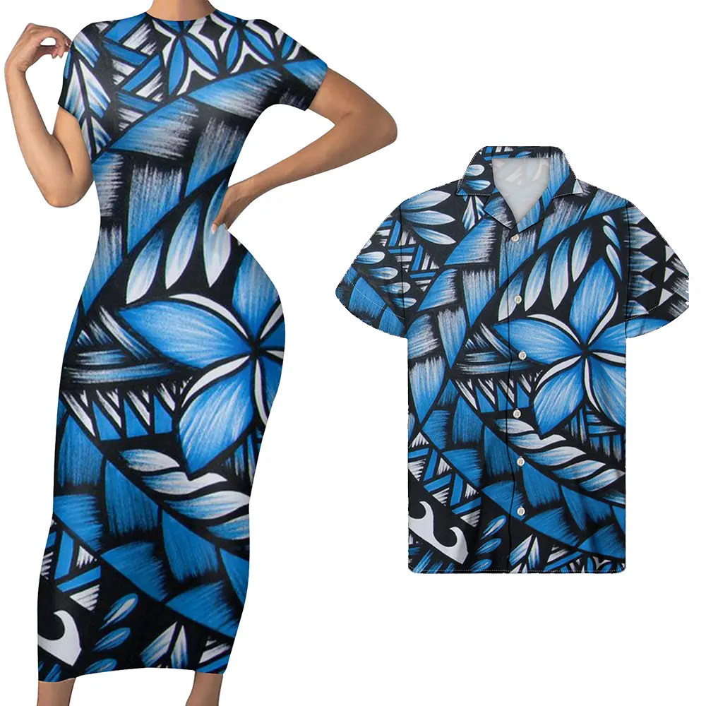 Blue Two Piece Couples Sets Polynesian Clothing Print Men's Casual Shirt Matching Women Dress Plus Size Couple Matching Clothes