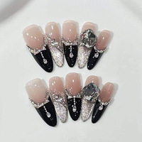 Ongles à presser de qualité salon, 30 pièces, fabriqués à la machine, longs, forme amande, French manucure noire, luxe, avec strass 3D et nœud, couverture complète, en ABS