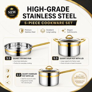 Set di Pentole Antiaderenti in Acciaio <span class=keywords><strong>Inox</strong></span> 5 Pezzi: Padella + Pentola per Zuppa + Pentolino per Latte con Coperchi - Product Image 2