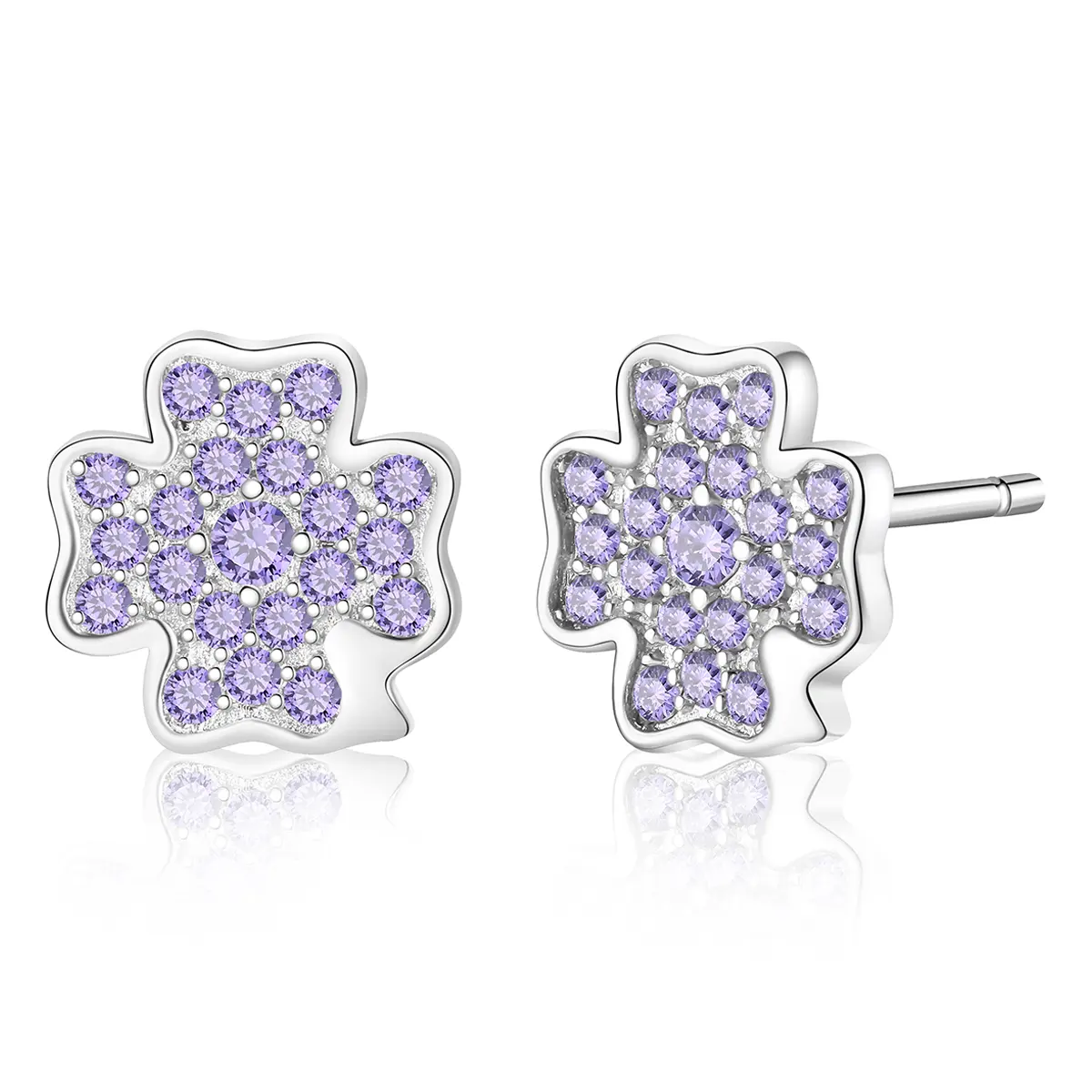 Boucles d'oreilles coréennes en gros Logo personnalisé améthyste CZ argent sterling trèfle petit bébé boucles d'oreilles