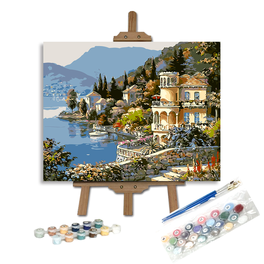 Kit de peinture à l'huile sur toile de village de bord de mer, à l'huile faite à la main, 1000 pièces