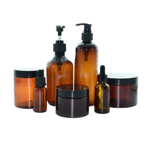 Travel 300ml 500ml 250ml Amber pet Black Lotion Cosmetics Cream plastic bottles and jars skincare 250g 200g