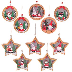 Wooden Christmas <b>Hanging</b> Ornaments Led Lighted Round <b>Star</b> Shape Santa Snowman Decorations For Christmas Tree - Product Image 5