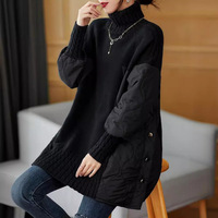 Suéter de cuello alto patchwork para mujer, suéter grueso y holgado de otoño/invierno, abrigo cálido de moda con diseño de longitud media
