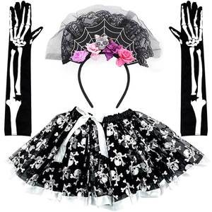 Disfraz de Halloween con Falda de Calavera, Guantes de Esqueleto y Diadema de Malla con Arañas, Disponible en MS - Product Image 2