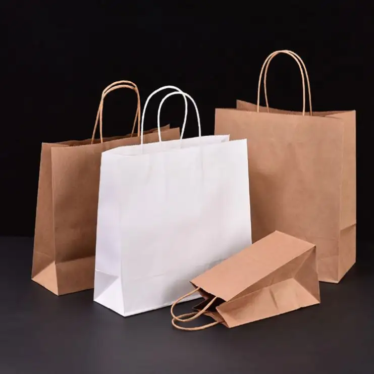 Bag Take Away With Food Brown Kraft Handle Logo Custom Printing For Fast Restaurant To Go Promotion Takeaway Paper Bags