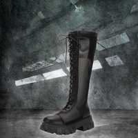 Bottes hautes en cuir PU pour femmes conception à lacets d'automne avec fond épais éclairé plate-forme de genou haut talons épais pour l'été
