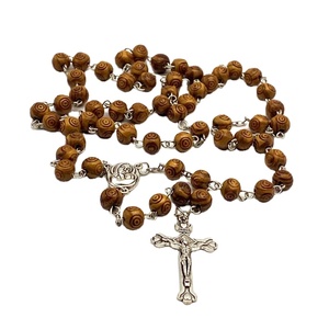 Hot selling Brown Wood Beads with Carve Flower Antique Silver Alloy Necklace Catholic Prayer Saint Therese Rosary - Product Image 1
