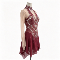 Robe de patinage artistique bordeaux à col halter et décolleté en V, ornée de strass faits à la main, dos ouvert, pour adultes et enfants