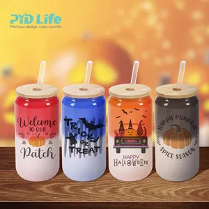 PYD Life Halloween 18 oz Custom Mugs Cups Thermal Color Change Sublimation Glass Beer Can with Bamboo Lid and Glass Straw