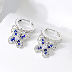 Brass Silver Plated Butterfly Huggie <b>Earrings</b> With <b>Blue</b> Zircon Women's Cute Fashion Jewelry - Product Image 1