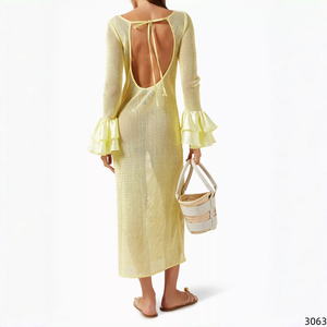 <span class=keywords><strong>Robe</strong></span> longue d'été en maille crochetée pour <span class=keywords><strong>femme</strong></span>, motif citron, manches longues à volants, dos nu, style cache-maillot, <span class=keywords><strong>robe</strong></span> <span class=keywords><strong>pull</strong></span> maxi - Product Image 2