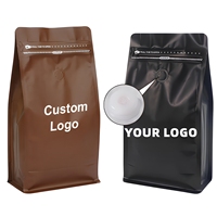 Sacs à café personnalisés avec logo, en plastique et aluminium, fond carré, finition givrée brillante, avec valve et fermeture éclair