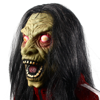 Masque en latex de sorcière zombie aux yeux rouges brillants, longue perruque noire, masque intégral effrayant, costume de fête d'Halloween, cosplay, maison hantée