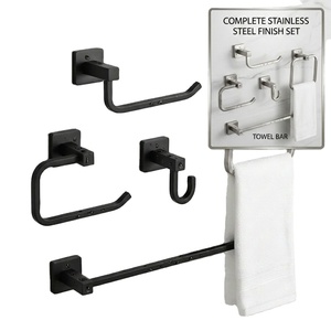 Modern Black Stainless Steel <b>Towel</b> Rack Set Wall Mounted <b>Bathroom</b> Accessories 4-Piece Adjustable Bar Hook Ring Set - Product Image 1