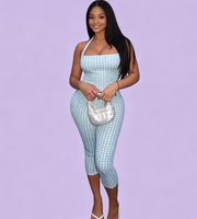Tenues décontractées d'été Y2K Streetwear de haute qualité pour femmes, débardeur sexy à bretelles et pantalon capri stretch à carreaux, ensemble 2 pièces taille S