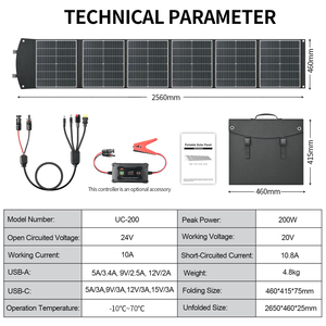 Panneaux solaires en silicium monocristallin et polycristallin 200W, efficacité 23%, chargeur portable noir, 18 pièces, marque OEM, modèle UC-200 - Product Image 6